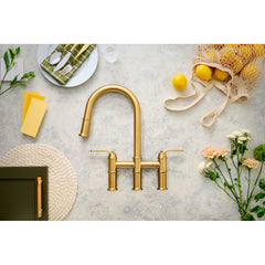 Bridge Kitchen Faucet, Kinzie, Two Handle, Pull-Down Sprayer, Brass