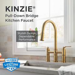 Bridge Kitchen Faucet, Kinzie, Two Handle, Pull-Down Sprayer, Brass