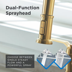 Bridge Kitchen Faucet, Kinzie, Two Handle, Pull-Down Sprayer, Brass