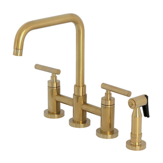 Bridge Kitchen Faucet, Manhattan, Two-Handle with Side Sprayer in Brushed Brass