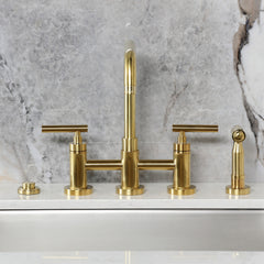 Bridge Kitchen Faucet, Manhattan, Two-Handle, 4-Hole Deck Mount, Brushed Brass