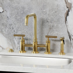 Bridge Kitchen Faucet, Manhattan, Two-Handle, 4-Hole Deck Mount, Brushed Brass