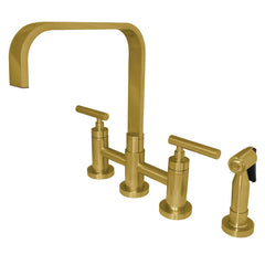 Bridge Kitchen Faucet, Manhattan, Two-Handle with Brass Sprayer in Brushed Brass