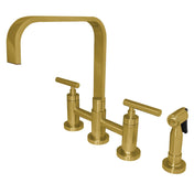 Bridge Kitchen Faucet, Manhattan, Two-Handle with Brass Sprayer in Brushed Brass
