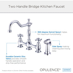 Bridge Kitchen Faucet, Opulence, Two Handle, Side Spray, Chrome