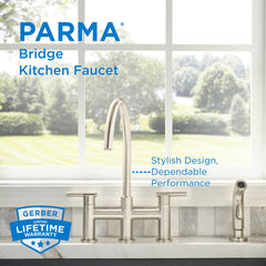 Bridge Kitchen Faucet, Parma, Two Handle, Side Spray, Stainless Steel