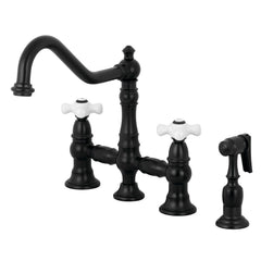 Bridge Kitchen Faucet, Restoration, Two-Handle with Sprayer in Matte Black