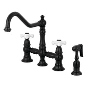 Bridge Kitchen Faucet, Restoration, Two-Handle with Sprayer in Matte Black