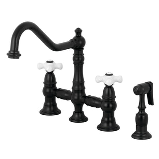 Bridge Kitchen Faucet, Restoration, Two-Handle with Sprayer in Matte Black
