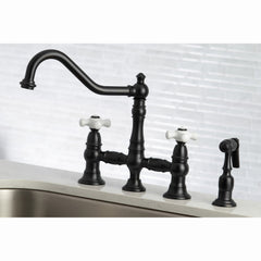 Bridge Kitchen Faucet, Restoration, Two-Handle with Sprayer in Matte Black