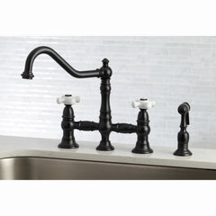 Bridge Kitchen Faucet, Restoration, Two-Handle with Sprayer in Matte Black