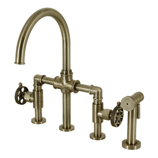 Bridge Kitchen Faucet, Sona, Two-Handle with Brass Sprayer in Antique Brass