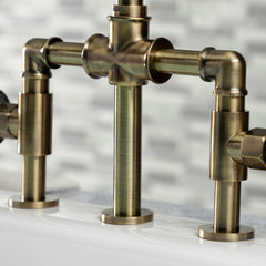 Bridge Kitchen Faucet, Sona, Two-Handle with Brass Sprayer in Antique Brass