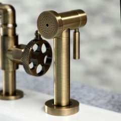 Bridge Kitchen Faucet, Sona, Two-Handle with Brass Sprayer in Antique Brass