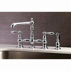 Bridge Kitchen Faucet, Tulare, Two-Handle with Brass Sprayer in Polished Chrome
