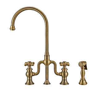 Bridge Kitchen Faucet with Gooseneck Swivel Spout in Antique Brass