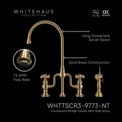 Bridge Kitchen Faucet with Gooseneck Swivel Spout in Antique Brass