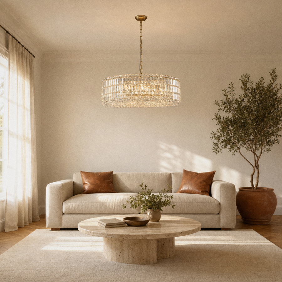 Living room | gold-tone crystal drum chandelier above an oatmeal sofa and travertine table