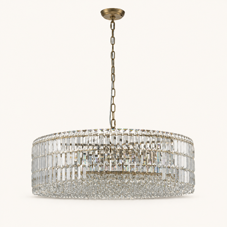 Studio front | gold-tone crystal drum chandelier with oval-link chain and round canopy
