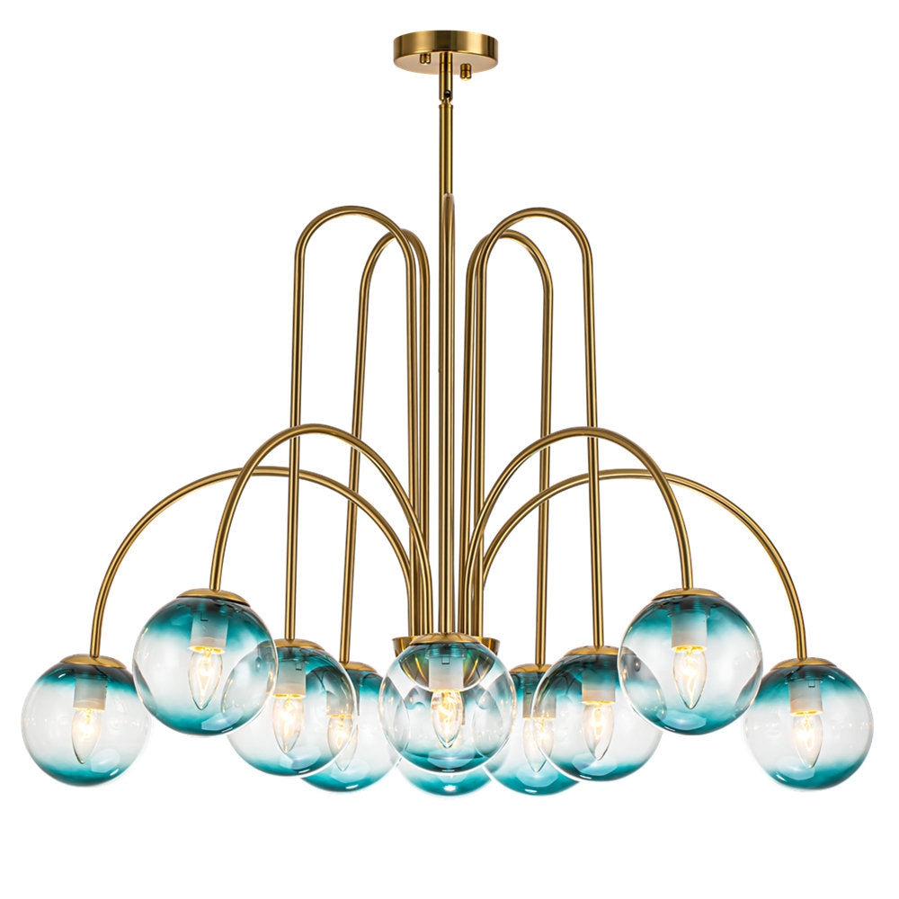 Bubble Chandelier, 10 Lights, Blue Glass with Gold Finish