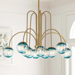 Bubble Chandelier, 10 Lights, Blue Glass with Gold Finish