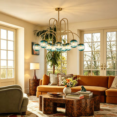 Bubble Chandelier, 10 Lights, Blue Glass with Gold Finish