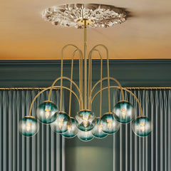 Bubble Chandelier, 10 Lights, Blue Glass with Gold Finish
