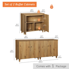 Buffet Cabinets, Set of 2, Oak Brown Wood with Four Doors