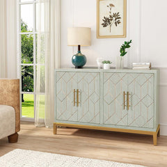 Buffet Table, 4 Doors, Green Manufactured Wood with Gold Thread Details