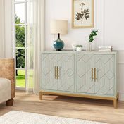 Buffet Table, 4 Doors, Green Manufactured Wood with Gold Thread Details