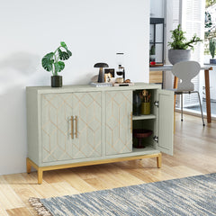 Buffet Table, 4 Doors, Green Manufactured Wood with Gold Thread Details