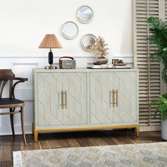 Buffet Table, 4 Doors, Green Manufactured Wood with Gold Thread Details