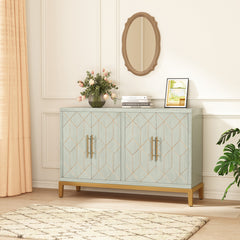 Buffet Table, 4 Doors, Green Manufactured Wood with Gold Thread Details