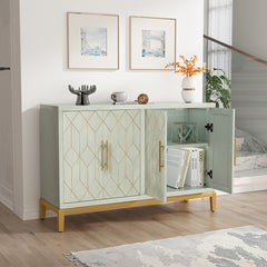 Buffet Table, 4 Doors, Green Manufactured Wood with Gold Thread Details