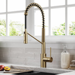 Oletto Commercial Style Single Handle Pull Down Kitchen Faucet with QuickDock Top Mount Installation Assembly in Antique Champagne Bronze | product photo