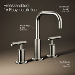 Kohler Purist Widespread Faucet with Drain Assembly Low Lever Handles and Low Gooseneck Spout | product photo