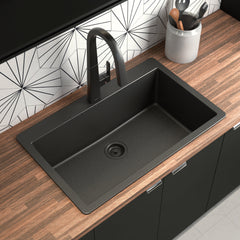 Host 33-Inch Wide x 9.5-Inch Deep Dual Mount Granite Single Bowl Kitchen Sink in Black | product photo
