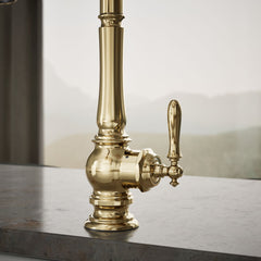 Kohler Artifacts Touchless Pull Down Kitchen Sink Faucet with Three-Function Sprayhead in Vibrant French Gold | detail photo