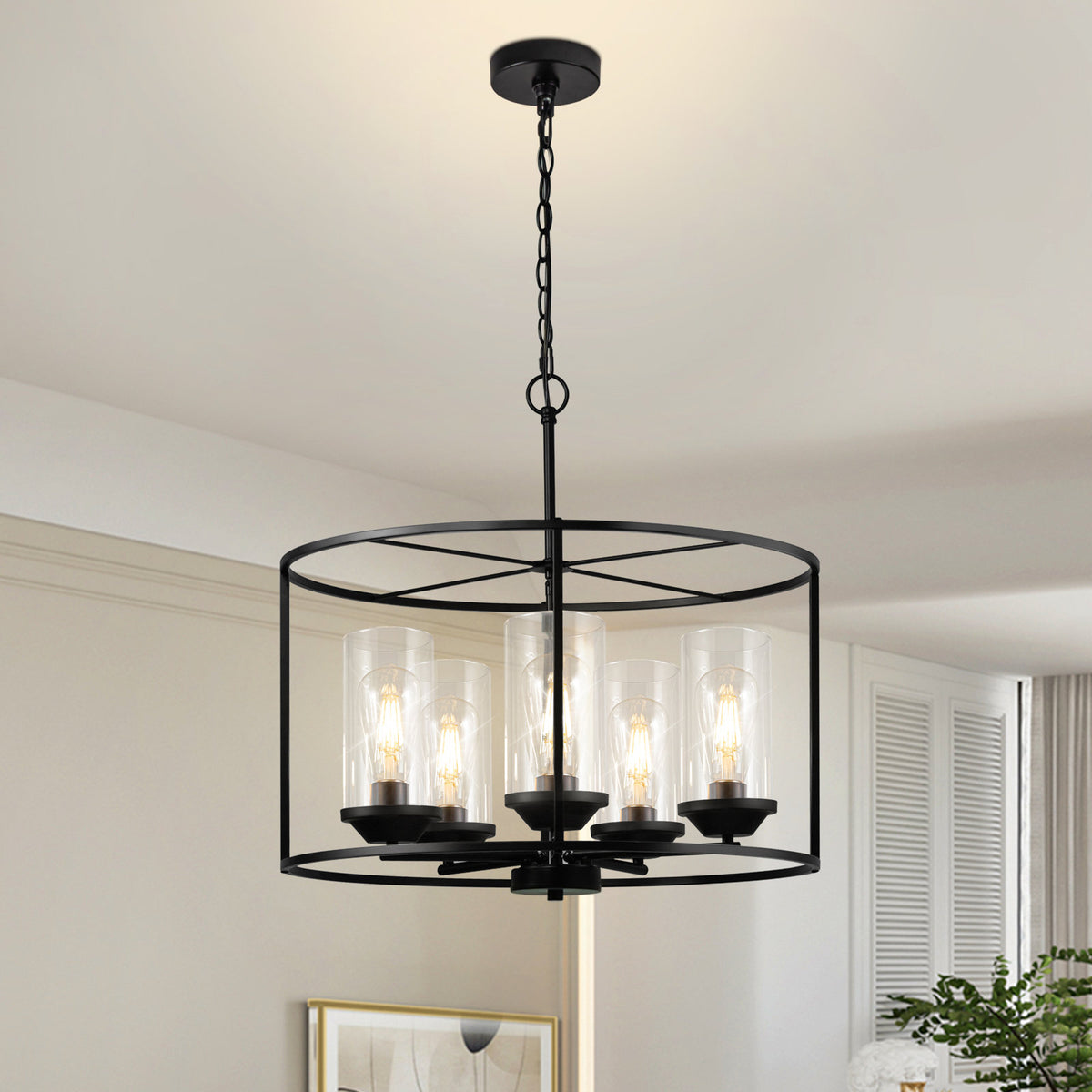 Cage Chandelier, 5 Lights, Matte Black Metal with Clear Glass