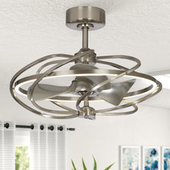 Caged Ceiling Fan with Integrated LED Light in Satin Nickel
