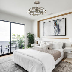 Caged Ceiling Fan with Integrated LED Light in Satin Nickel