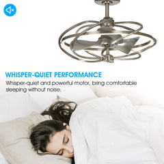 Caged Ceiling Fan with Integrated LED Light in Satin Nickel