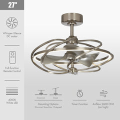 Caged Ceiling Fan with Integrated LED Light in Satin Nickel
