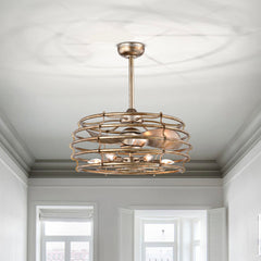 Caged Ceiling Fan with Six-Light Kit and Remote in Gold