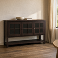 In a room | dark walnut 3-door sideboard in a plaster-walled dining room, warm afternoon light, doorway at right