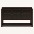 Front | dark walnut sideboard centered on paper, three glass-front doors and round metal knobs