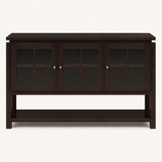 Front | dark walnut sideboard centered on paper, three glass-front doors and round metal knobs
