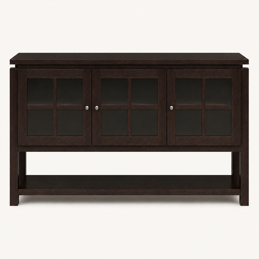 Front | dark walnut sideboard centered on paper, three glass-front doors and round metal knobs