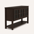 Angle | studio three-quarter view of the dark walnut sideboard, side panel and three glass-front doors both reading