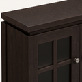 Closer | dark walnut grain and finish detail at the top edge and glass door frame